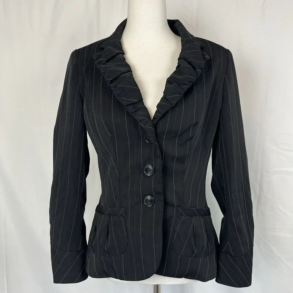 Bisou Bisou Steampunk Pin Striped Blazer Sz 10 Rouched Sleeve Workwear Office